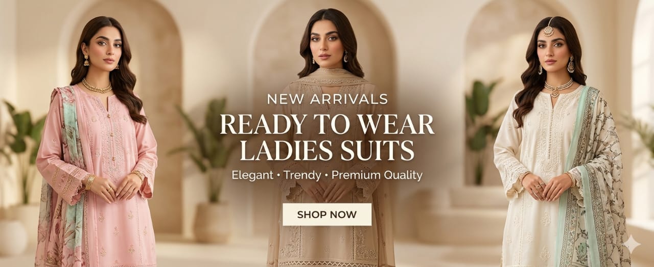 Three women wearing elegant ladies suits with a promotional message for new arrivals.